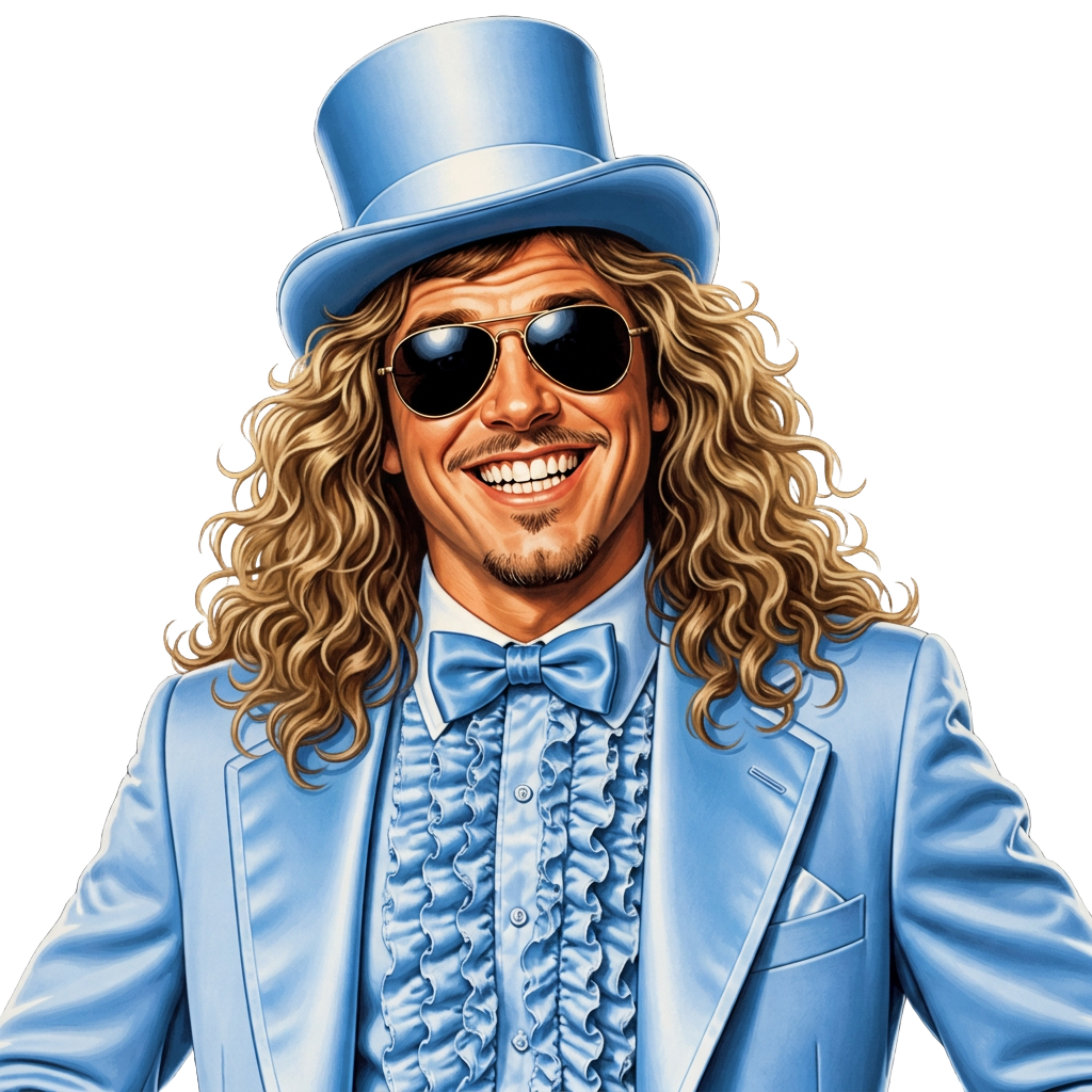TJR parody character in a ridiculous powder-blue tuxedo